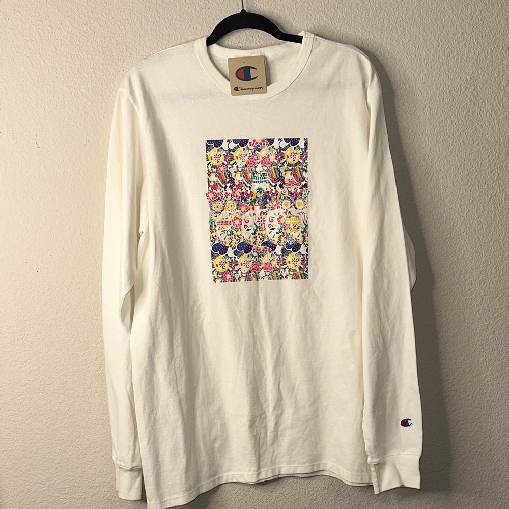 Champion Cream Long‎ Sleeve Tee with Multicolor Graphic